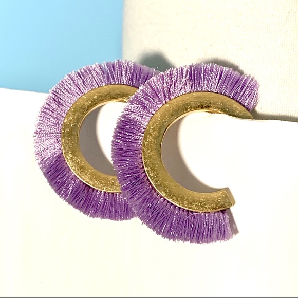 Purple Fringe Matte Gold Hoop Boho Earrings - Picture 6 of 7
